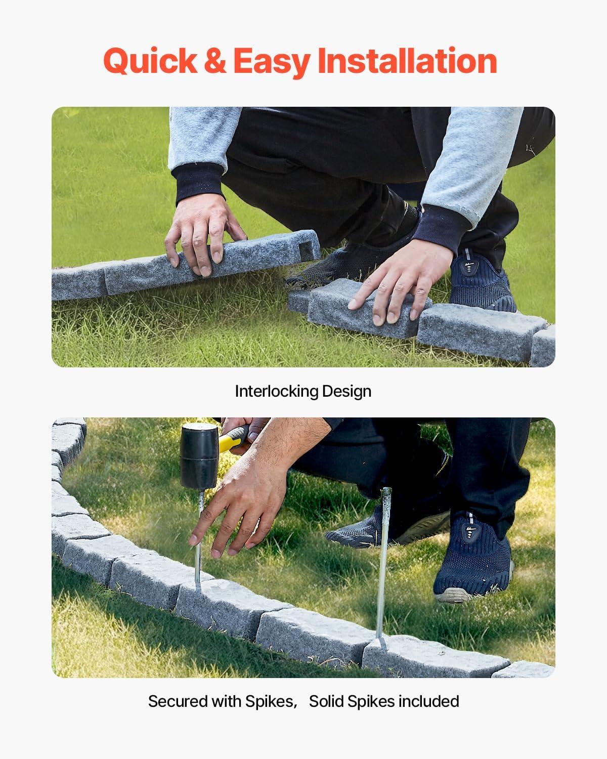 imageVEVOR Faux Stone Landscape Edging No Dig Garden Edging Border Flexible Blocks for Lawn Edging Flower Beds Driveway Yards with 12 Spikes 4 Pack 24 Bricks 16FT Kit 472quot Lx 4quot W x 9quot H BeigeGray
