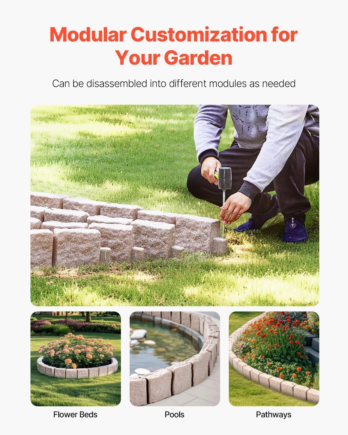 imageVEVOR Faux Stone Landscape Edging No Dig Garden Edging Border Flexible Blocks for Lawn Edging Flower Beds Driveway Yards with 12 Spikes 4 Pack 24 Bricks 16FT Kit 472quot Lx 4quot W x 9quot H BeigeBeige