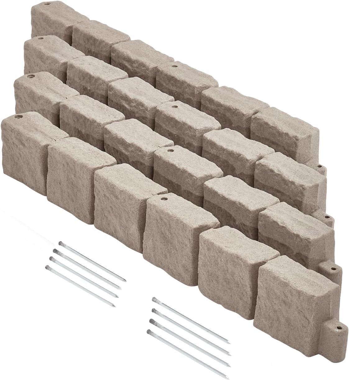 imageVEVOR Faux Stone Landscape Edging No Dig Garden Edging Border Flexible Blocks for Lawn Edging Flower Beds Driveway Yards with 12 Spikes 4 Pack 24 Bricks 16FT Kit 472quot Lx 4quot W x 9quot H BeigeBrown