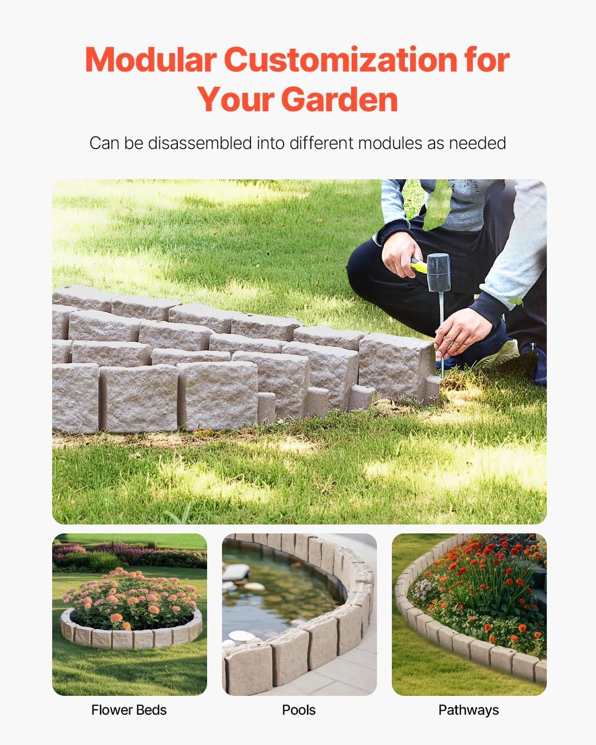 imageVEVOR Faux Stone Landscape Edging No Dig Garden Edging Border Flexible Blocks for Lawn Edging Flower Beds Driveway Yards with 12 Spikes 4 Pack 24 Bricks 16FT Kit 472quot Lx 4quot W x 9quot H BeigeBrown