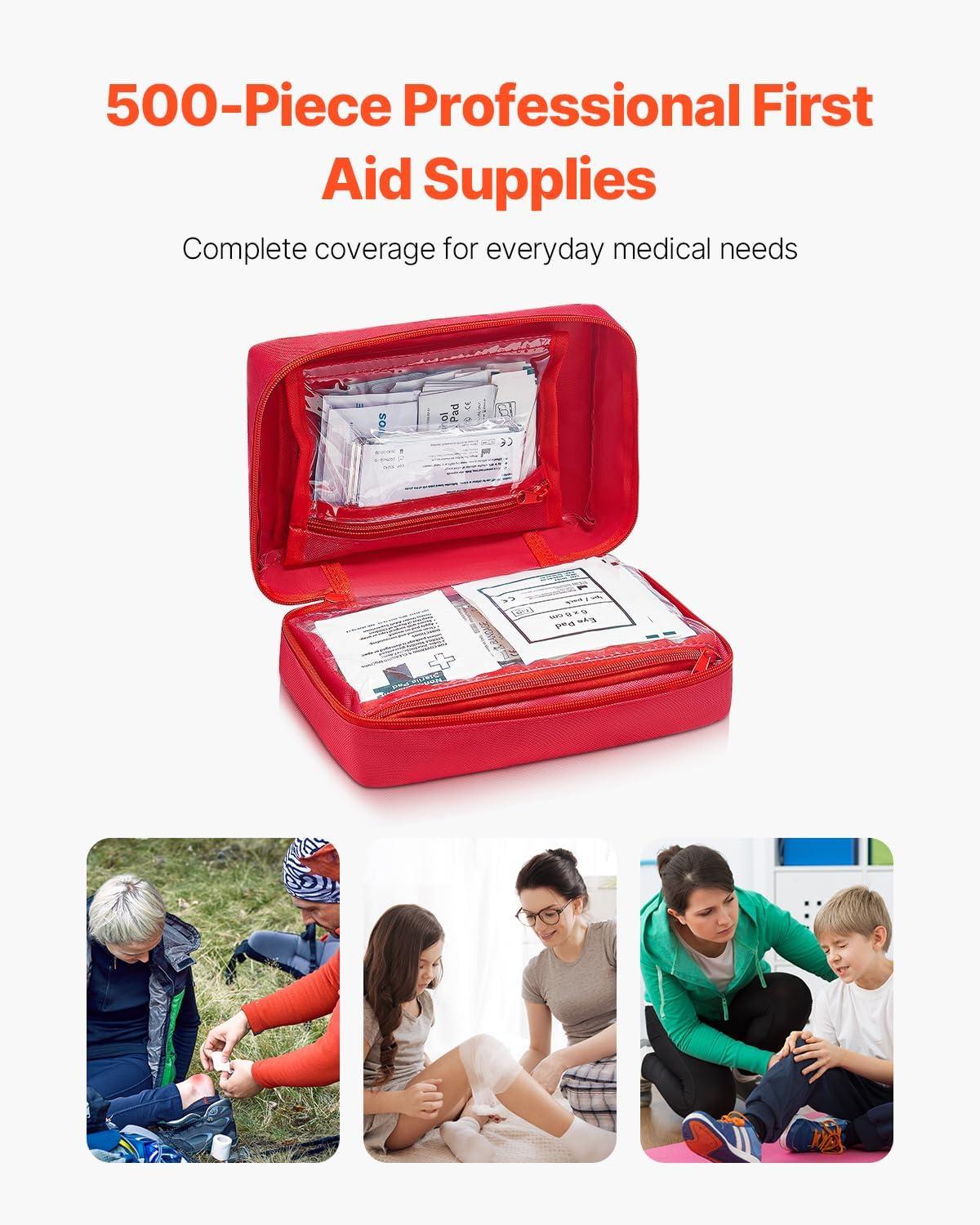 imageVEVOR First Aid Kit 500 Pieces 600D Nylon Large Survival First Aid Bag Emergency Medical Supplies for Home Car Office Travel Camping Truck Hiking Sports Vehicle and Outdoor EmergenciesRed