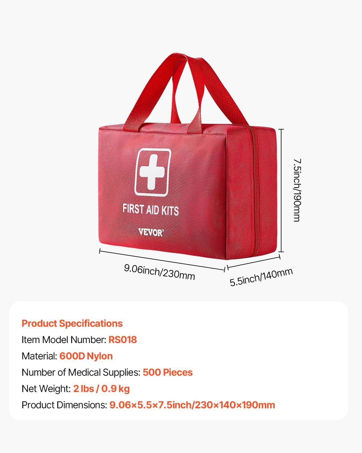 imageVEVOR First Aid Kit 500 Pieces 600D Nylon Large Survival First Aid Bag Emergency Medical Supplies for Home Car Office Travel Camping Truck Hiking Sports Vehicle and Outdoor EmergenciesRed