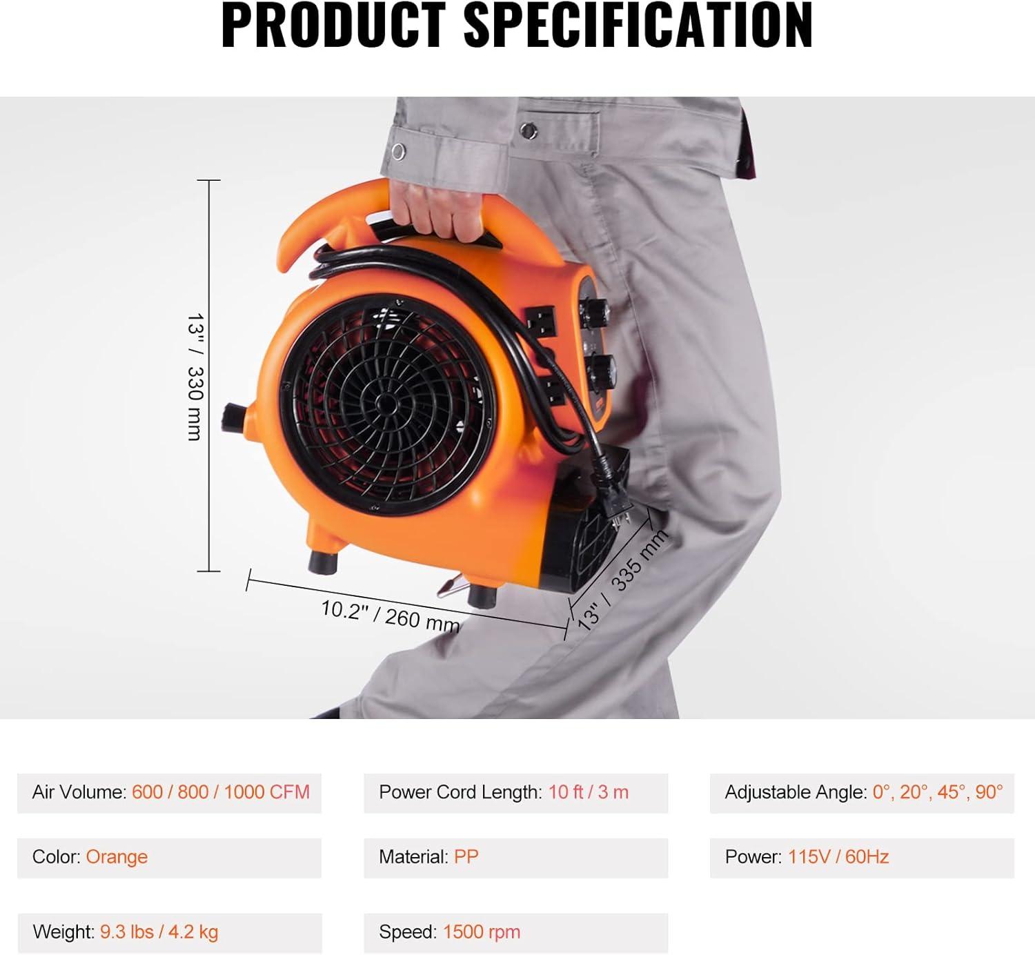 imageVEVOR Floor Blower 1560 RPM 4000 CFM Air Mover for Drying and Cooling Portable Carpet Dryer Fan with 3 Blowing Angles Timer 3Speeds Adjustment for Janitorial Home Commercial Use1000 CFM
