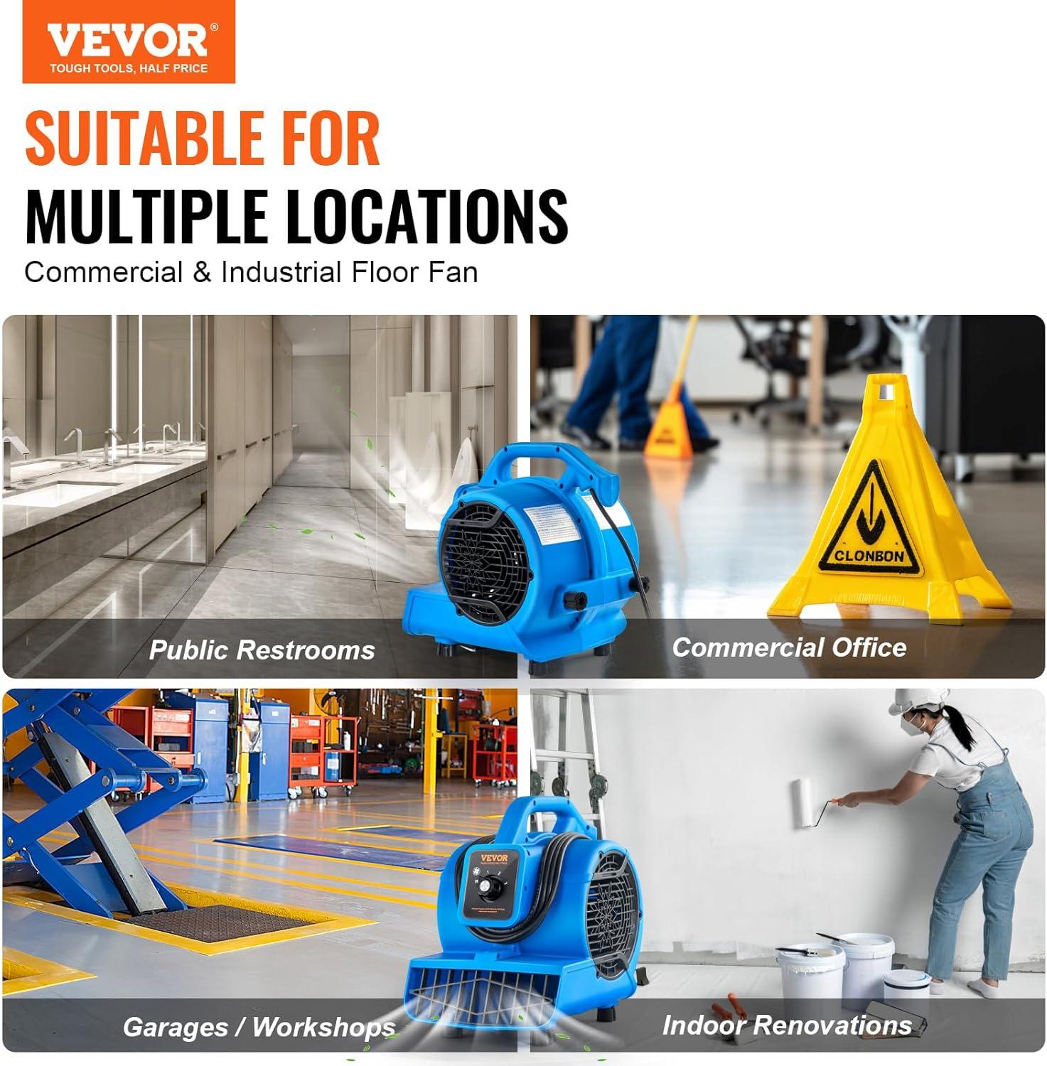 imageVEVOR Floor Blower 1560 RPM 4000 CFM Air Mover for Drying and Cooling Portable Carpet Dryer Fan with 3 Blowing Angles Timer 3Speeds Adjustment for Janitorial Home Commercial Use136 x 98 x 126 inch
