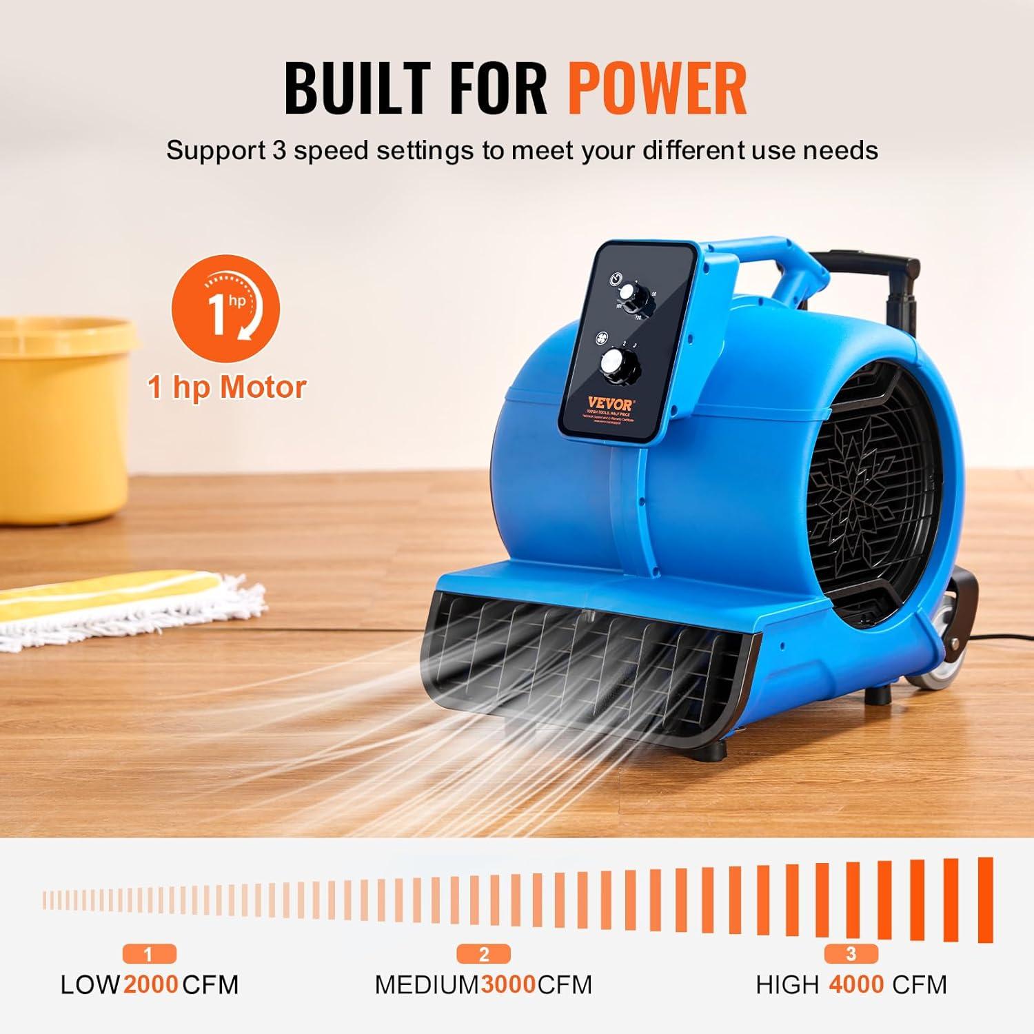 imageVEVOR Floor Blower 1560 RPM 4000 CFM Air Mover for Drying and Cooling Portable Carpet Dryer Fan with 3 Blowing Angles Timer 3Speeds Adjustment for Janitorial Home Commercial Use490 x 400 x 480 mm