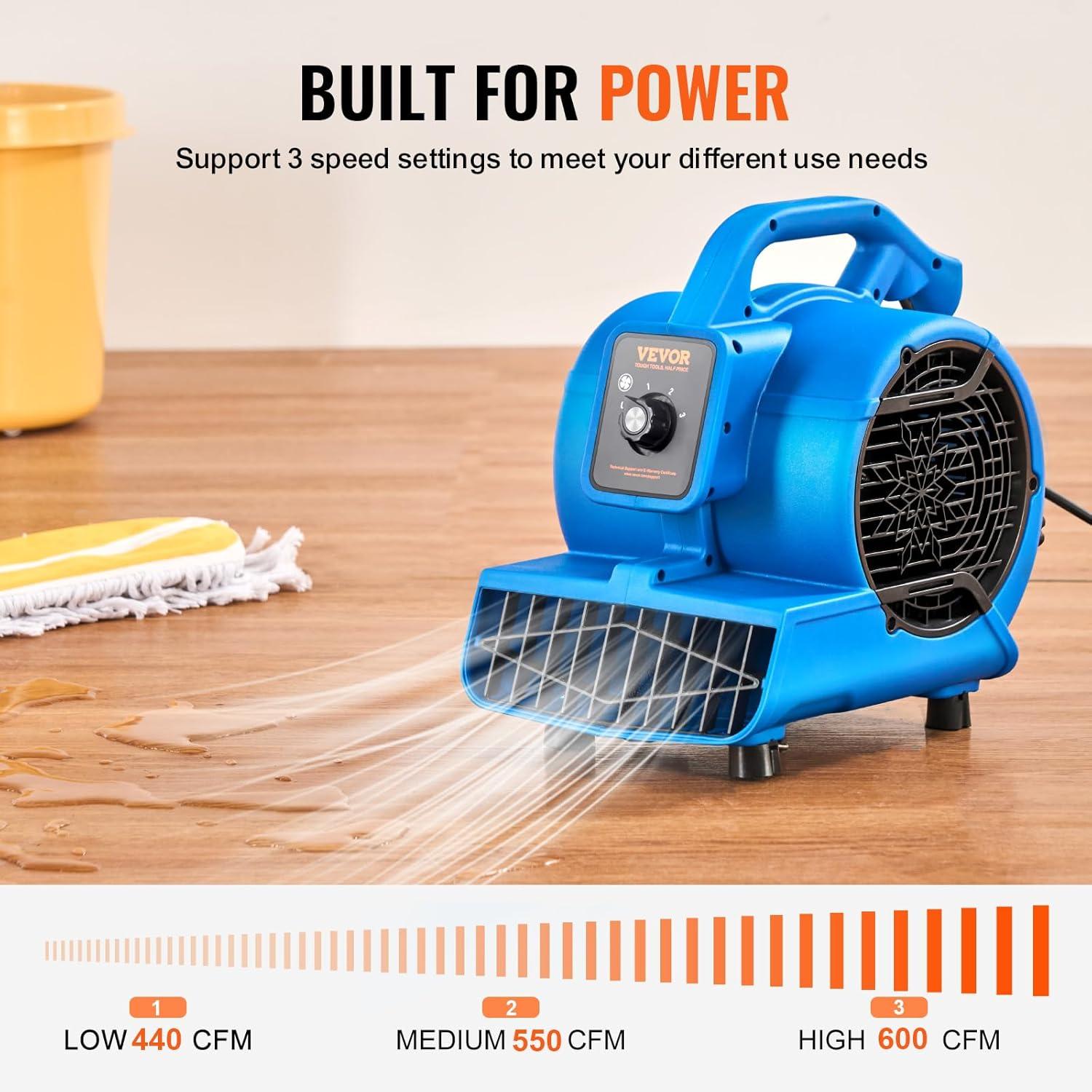 imageVEVOR Floor Blower 1560 RPM 4000 CFM Air Mover for Drying and Cooling Portable Carpet Dryer Fan with 3 Blowing Angles Timer 3Speeds Adjustment for Janitorial Home Commercial Use136 x 98 x 126 inch