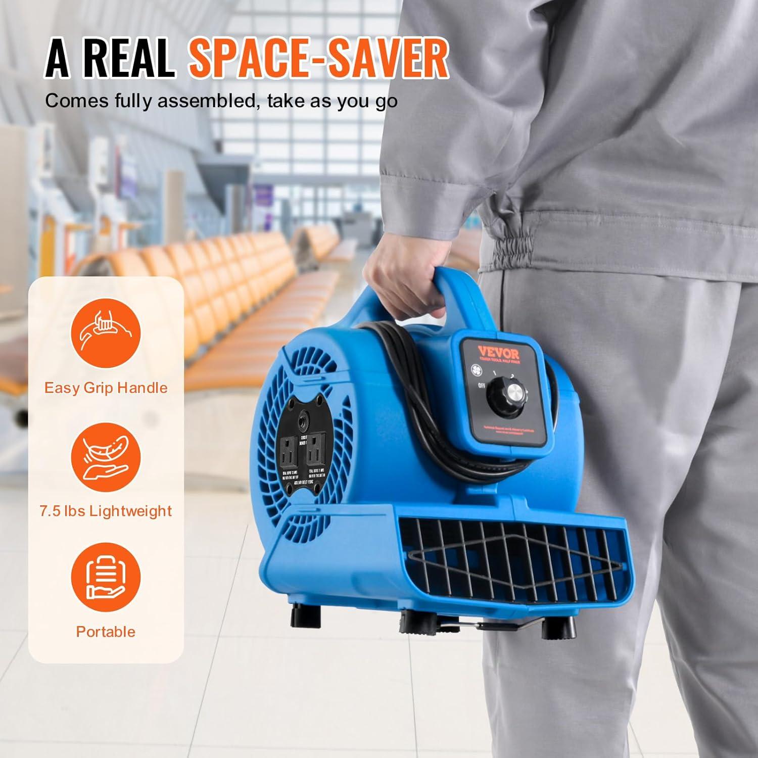 imageVEVOR Floor Blower 1560 RPM 4000 CFM Air Mover for Drying and Cooling Portable Carpet Dryer Fan with 3 Blowing Angles Timer 3Speeds Adjustment for Janitorial Home Commercial Use136 x 98 x 126 inch