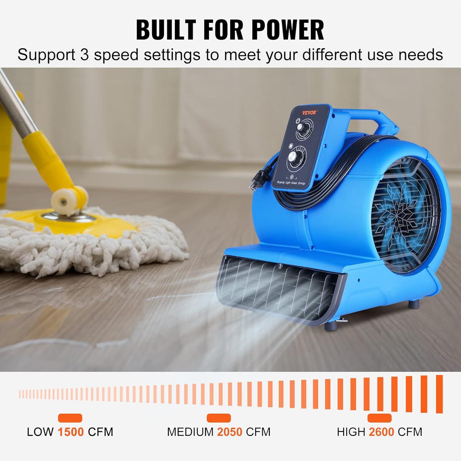 imageVEVOR Floor Blower 1560 RPM 4000 CFM Air Mover for Drying and Cooling Portable Carpet Dryer Fan with 3 Blowing Angles Timer 3Speeds Adjustment for Janitorial Home Commercial Use2600 CFM