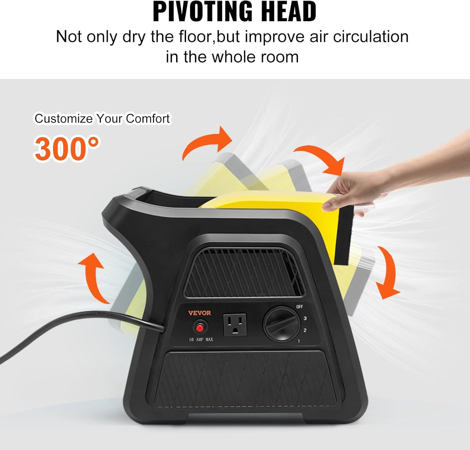 imageVEVOR Floor Blower 1560 RPM 4000 CFM Air Mover for Drying and Cooling Portable Carpet Dryer Fan with 3 Blowing Angles Timer 3Speeds Adjustment for Janitorial Home Commercial Use600 CFM