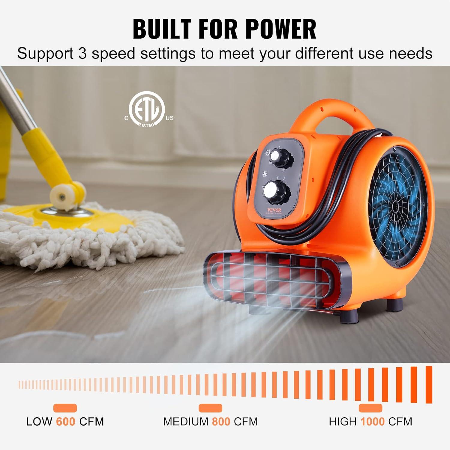 imageVEVOR Floor Blower 1560 RPM 4000 CFM Air Mover for Drying and Cooling Portable Carpet Dryer Fan with 3 Blowing Angles Timer 3Speeds Adjustment for Janitorial Home Commercial Use1000 CFM