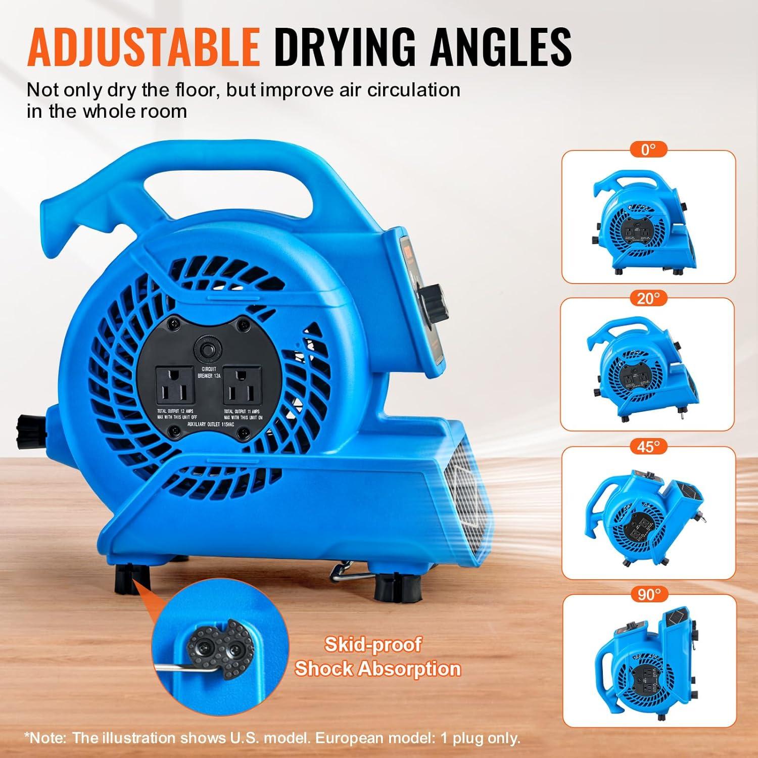 imageVEVOR Floor Blower 1560 RPM 4000 CFM Air Mover for Drying and Cooling Portable Carpet Dryer Fan with 3 Blowing Angles Timer 3Speeds Adjustment for Janitorial Home Commercial Use136 x 98 x 126 inch