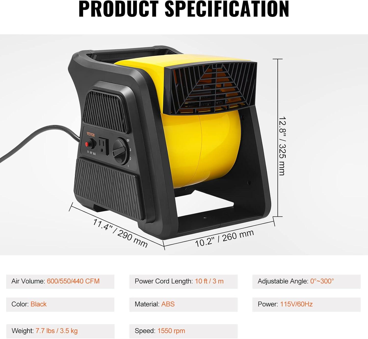 imageVEVOR Floor Blower 1560 RPM 4000 CFM Air Mover for Drying and Cooling Portable Carpet Dryer Fan with 3 Blowing Angles Timer 3Speeds Adjustment for Janitorial Home Commercial Use600 CFM