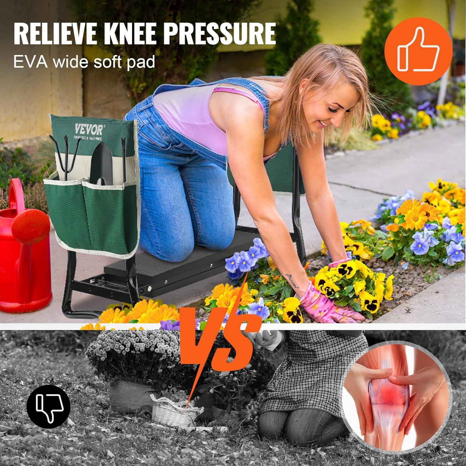 imageVEVOR Folding Garden Kneeler and Seat Heavy Duty Widened 8quot EVA Foam Pad Portable Garden Stool with Tool Bags Gardening Bench to Relieve Knee ampamp Back Pain Great Gifts for Seniors Women ParentsGreen