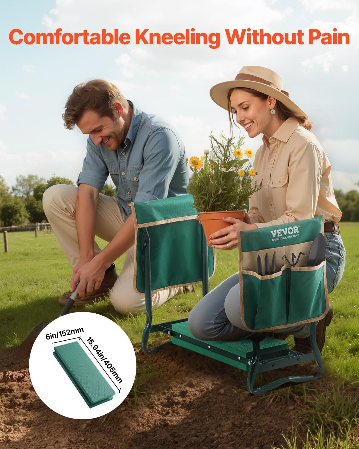 imageVEVOR Folding Garden Kneeler and Seat Heavy Duty Widened 8quot EVA Foam Pad Portable Garden Stool with Tool Bags Gardening Bench to Relieve Knee ampamp Back Pain Great Gifts for Seniors Women ParentsGreen
