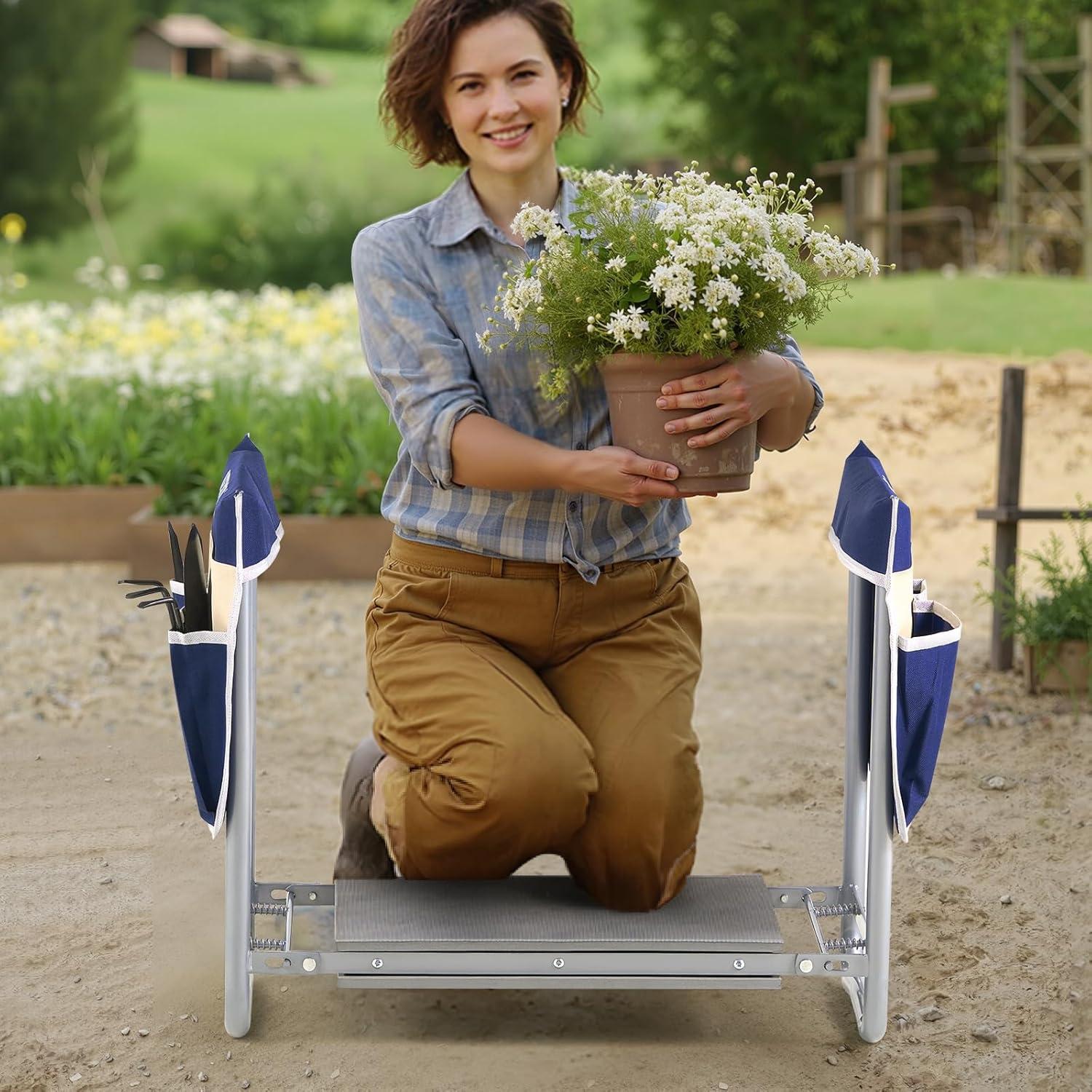 imageVEVOR Folding Garden Kneeler and Seat Heavy Duty Widened 8quot EVA Foam Pad Portable Garden Stool with Tool Bags Gardening Bench to Relieve Knee ampamp Back Pain Great Gifts for Seniors Women ParentsBlue