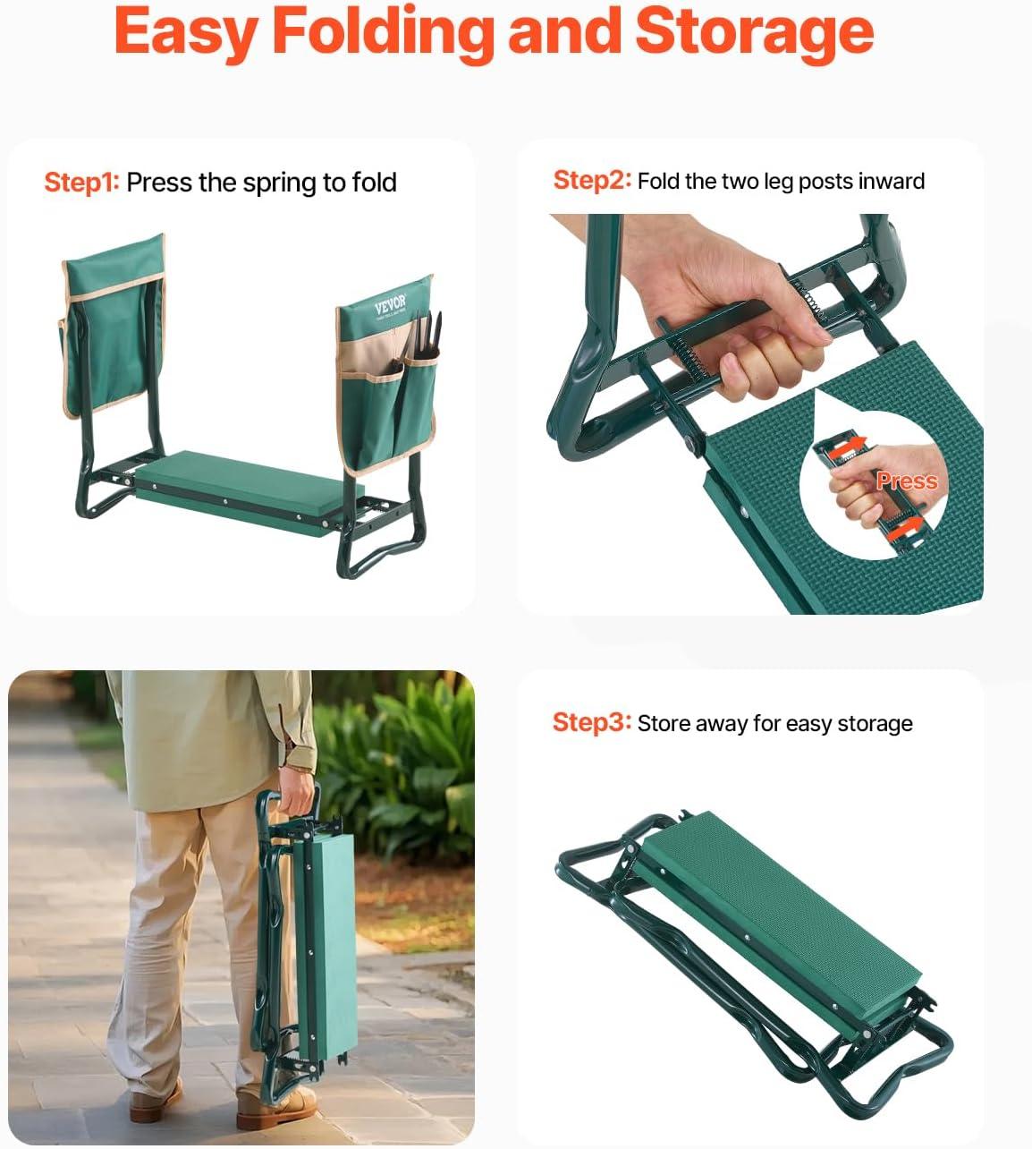 imageVEVOR Folding Garden Kneeler and Seat Heavy Duty Widened 8quot EVA Foam Pad Portable Garden Stool with Tool Bags Gardening Bench to Relieve Knee ampamp Back Pain Great Gifts for Seniors Women ParentsGreen