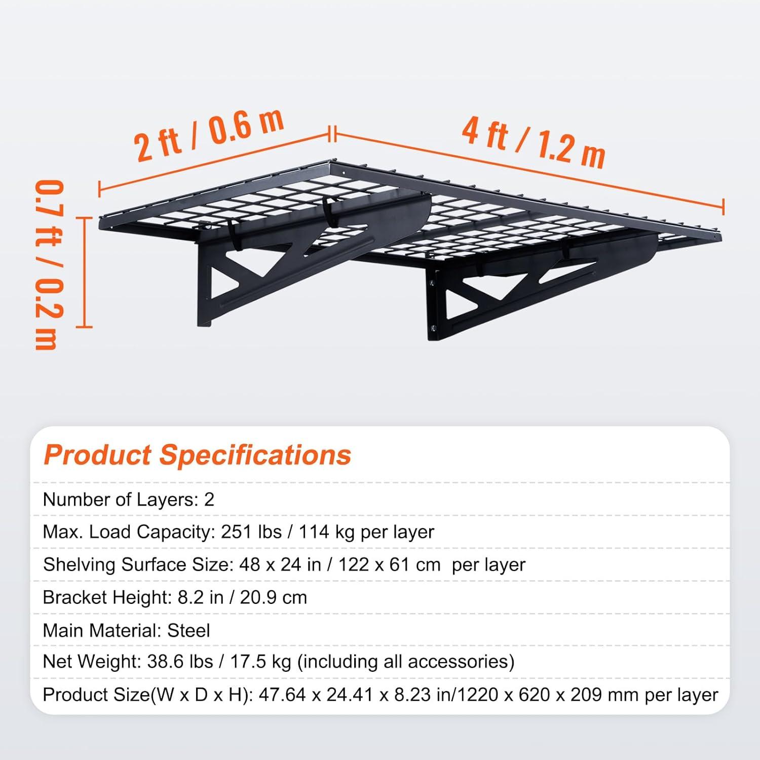 imageVEVOR Garage Shelving Wall Mounted 2 x 6 ft Heavy Duty Shelves 1600 lbs Load Capacity Storage Rack Floating Pack Suitable for Shop Shed Storage Black HL2472502LBS