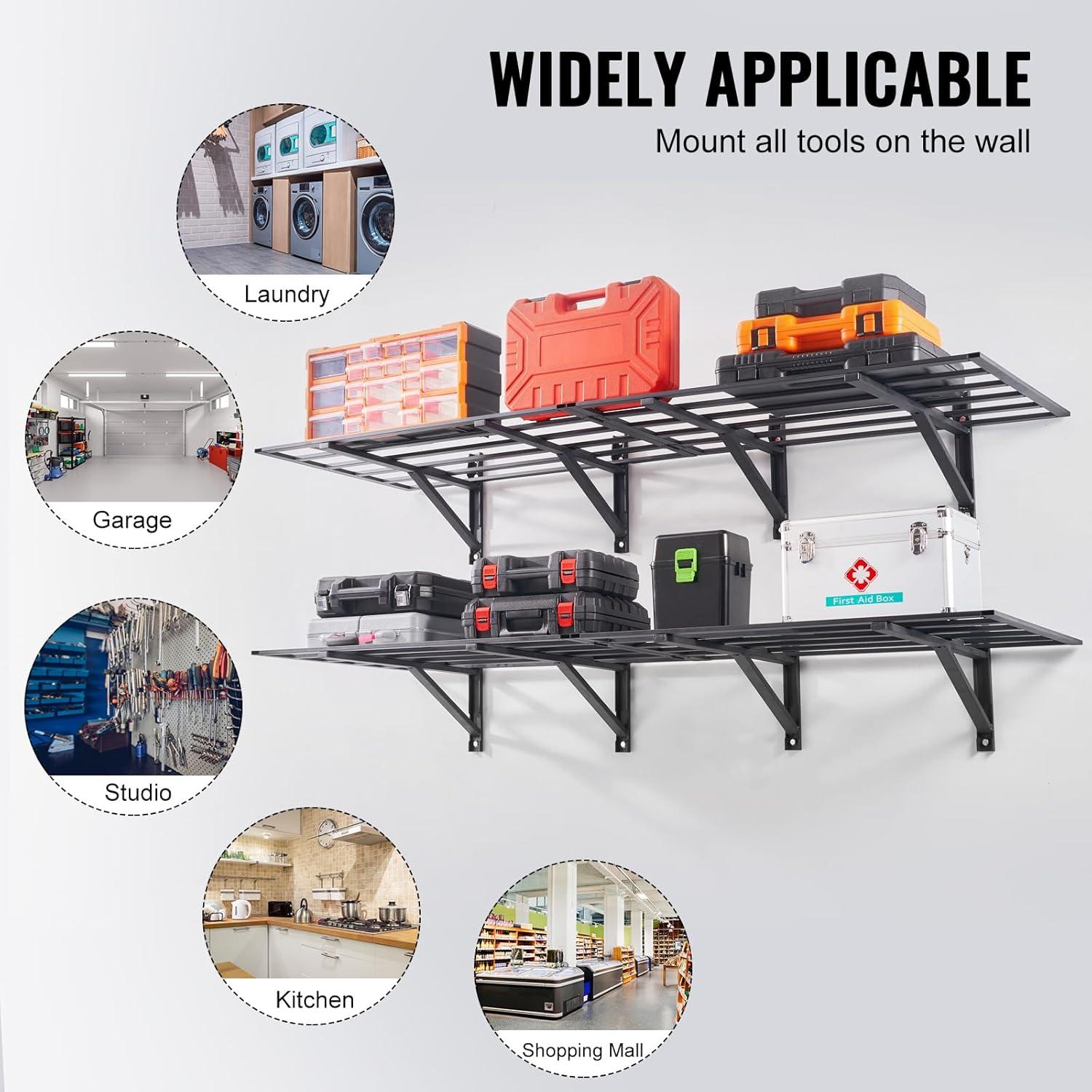 imageVEVOR Garage Shelving Wall Mounted 2 x 6 ft Heavy Duty Shelves 1600 lbs Load Capacity Storage Rack Floating Pack Suitable for Shop Shed Storage Black HL24721600LBS