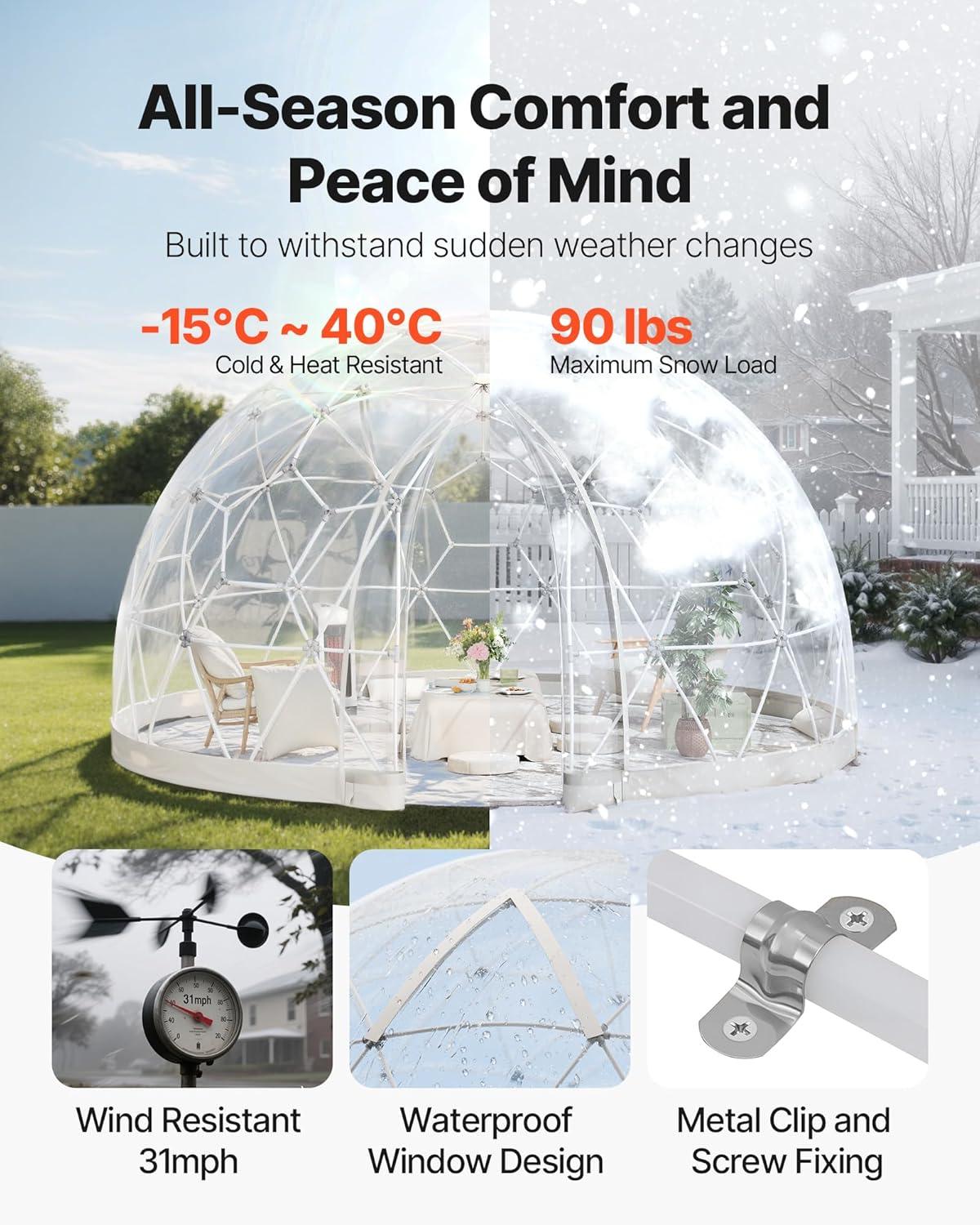 imageVEVOR Garden Dome Tent 95 x 57 ft Outdoor Clear Bubble Tent for 24 Person Weatherproof Geodesic Dome Greenhouse with Window PVC Transparent Tents for Backyard Patios Camping Party Wedding