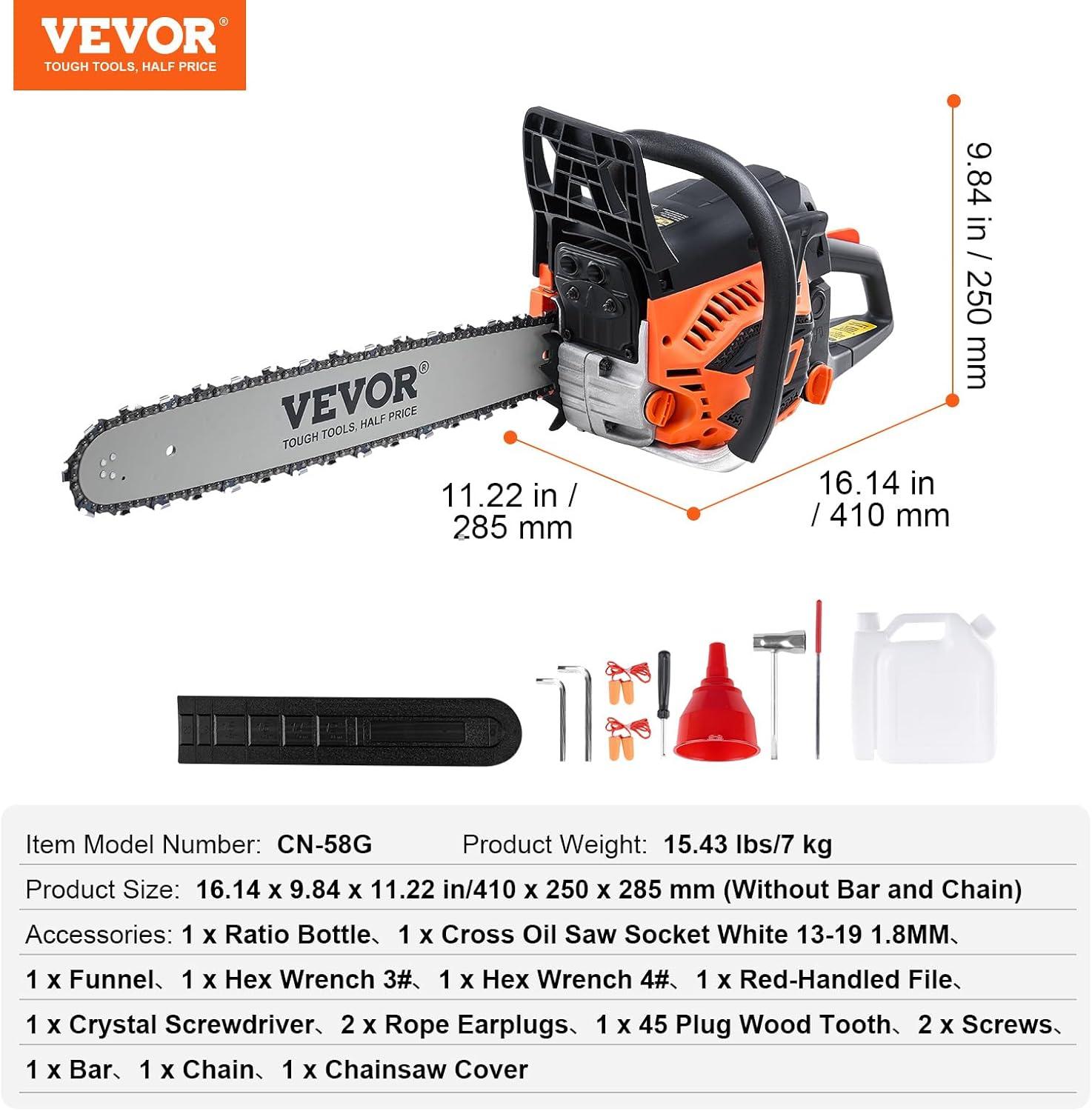 imageVEVOR Gas Chainsaw 58CC 2Cycle Gasoline Powered Chainsaw 20 Inch Handheld Cordless Petrol Chain Saws For Forest Wood Garden and Farm Cutting Use
