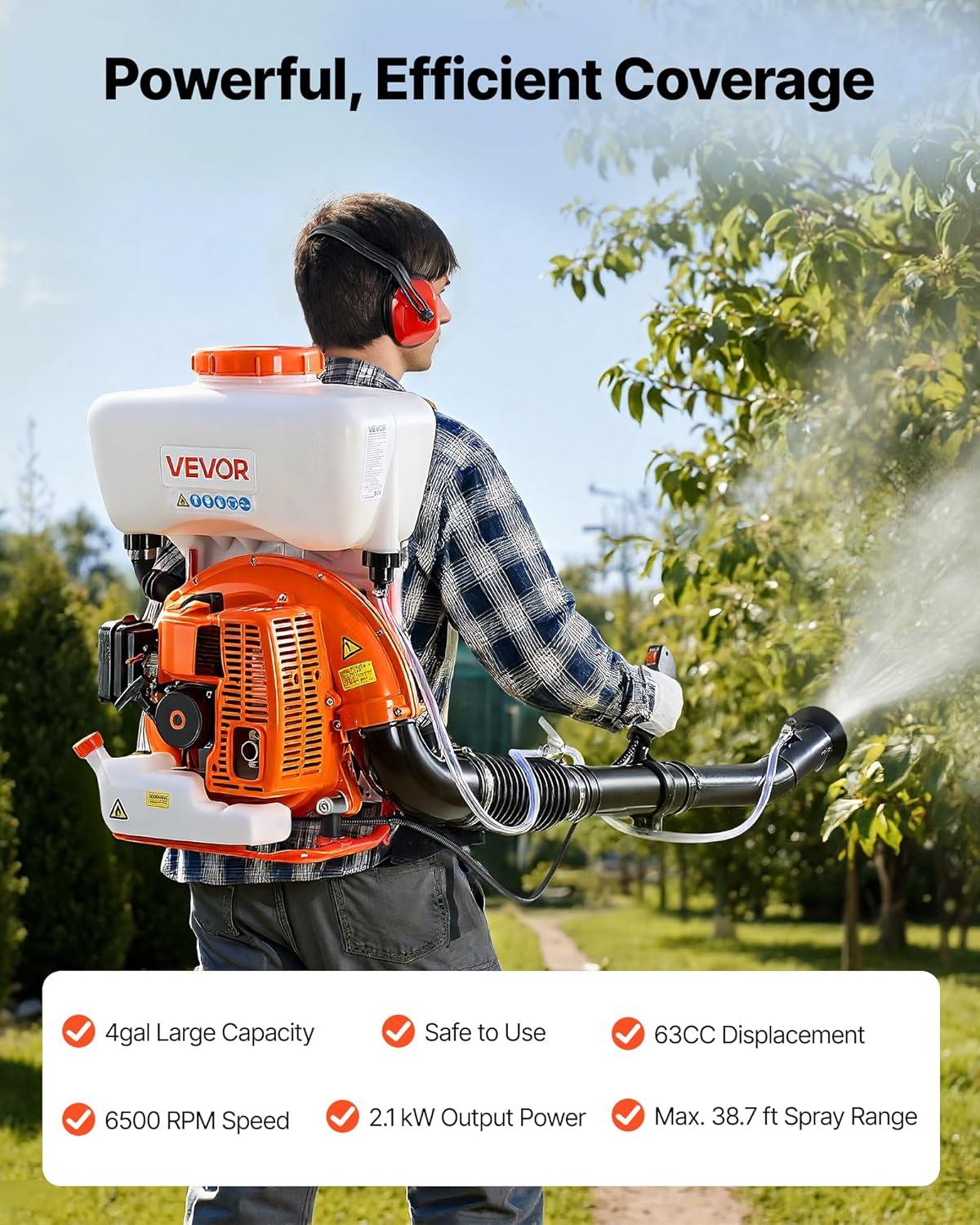 imageVEVOR Gas Powered Backpack Sprayer 265CC 09HP Engine Garden Sprayer with 65 Gallon Tank Large Area Coverage Lawn Spraying Machine with 24 in Wand ampamp Nozzles for Efficient Gardening ampamp Farming4 Gal Fogger Sprayer