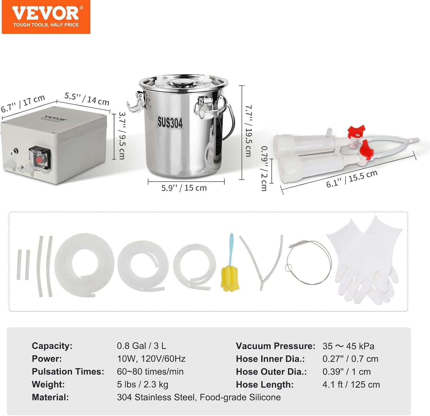 imageVEVOR Goat Milking Machine 12 L 304 Stainless Steel Bucket Electric Automatic Pulsation Vacuum Milker Portable Milker with FoodGrade Silicone Cups and Tubes Adjustable Suction for Cows and Sheep3 L