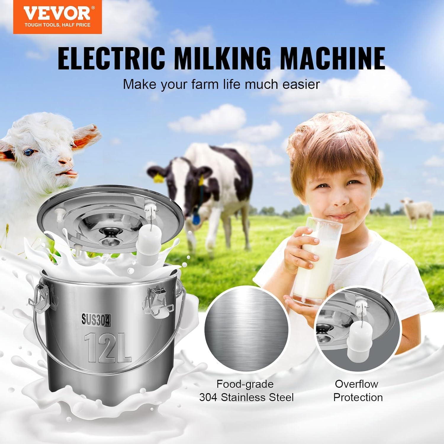 imageVEVOR Goat Milking Machine 12 L 304 Stainless Steel Bucket Electric Automatic Pulsation Vacuum Milker Portable Milker with FoodGrade Silicone Cups and Tubes Adjustable Suction for Cows and Sheep12 L