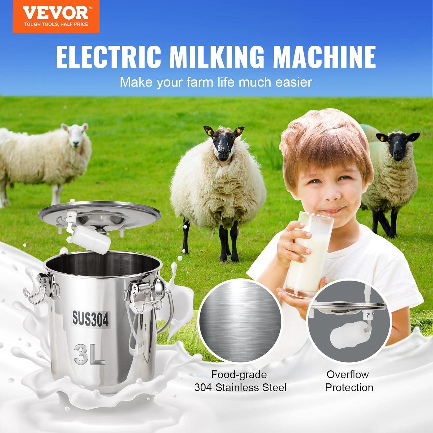 imageVEVOR Goat Milking Machine 12 L 304 Stainless Steel Bucket Electric Automatic Pulsation Vacuum Milker Portable Milker with FoodGrade Silicone Cups and Tubes Adjustable Suction for Cows and Sheep3 L