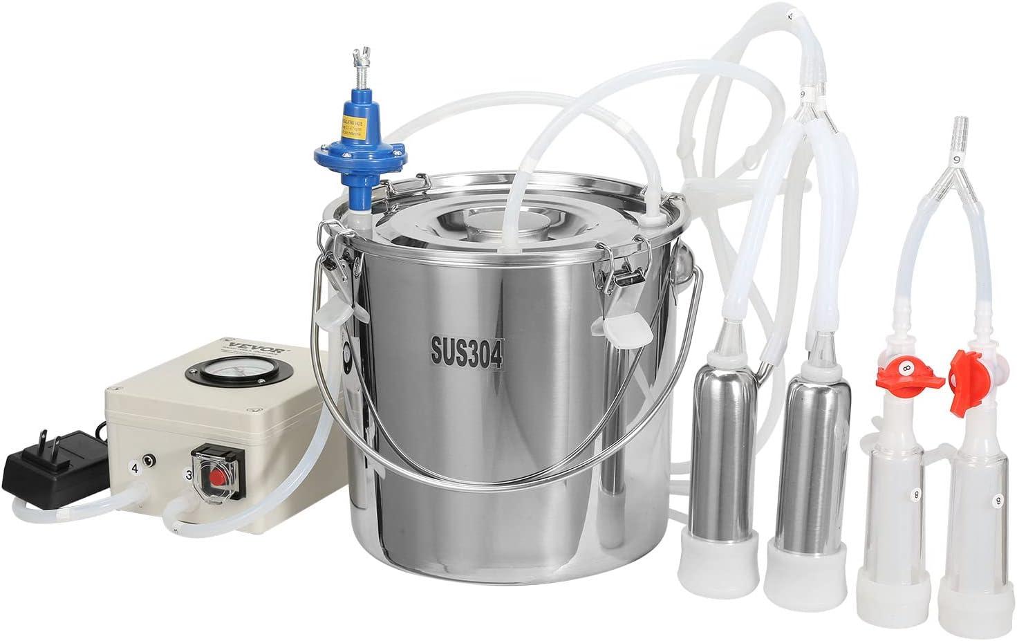 imageVEVOR Goat Milking Machine 12 L 304 Stainless Steel Bucket Electric Automatic Pulsation Vacuum Milker Portable Milker with FoodGrade Silicone Cups and Tubes Adjustable Suction for Cows and Sheep12 L