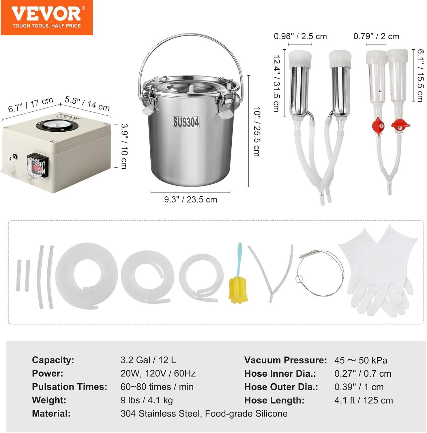 imageVEVOR Goat Milking Machine 12 L 304 Stainless Steel Bucket Electric Automatic Pulsation Vacuum Milker Portable Milker with FoodGrade Silicone Cups and Tubes Adjustable Suction for Cows and Sheep12 L