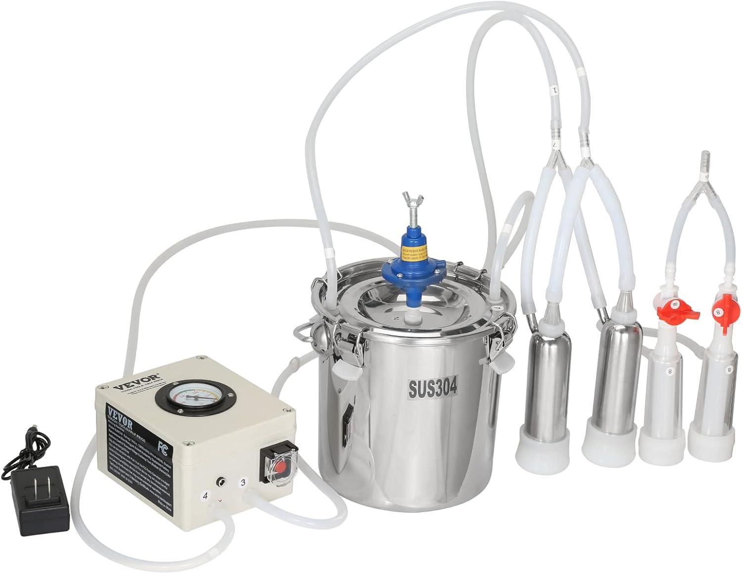 imageVEVOR Goat Milking Machine 12 L 304 Stainless Steel Bucket Electric Automatic Pulsation Vacuum Milker Portable Milker with FoodGrade Silicone Cups and Tubes Adjustable Suction for Cows and Sheep6 L