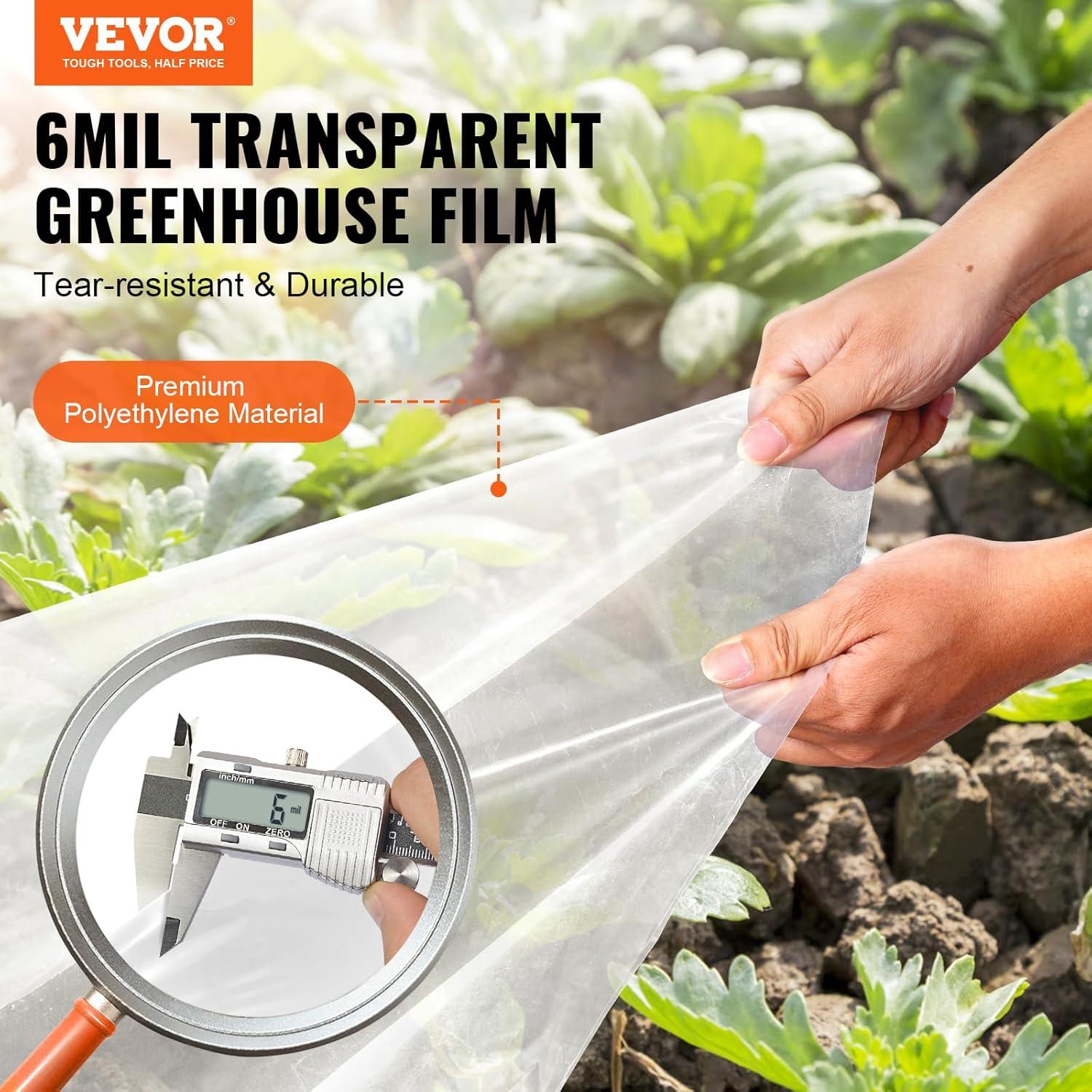 imageVEVOR Greenhouse Plastic Sheeting 8 x 25 ft 6 Mil Thickness UV Resistant Clear Polyethylene Film Hoop Green House Cover for Farms Agriculture Garden12 x 50 ft