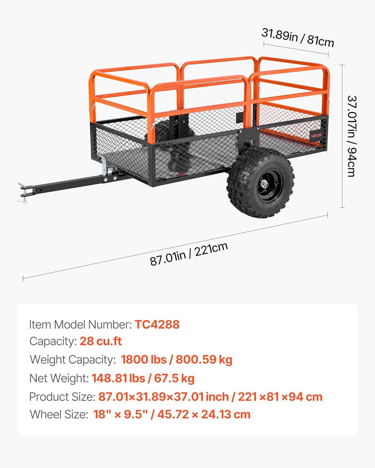 imageVEVOR Heavy Duty ATV Dump Cart  Steel Tow Behind trailer 750 lbs 15 Cubic Feet Garden Utility with Removable Sides1800Lbs28cuft