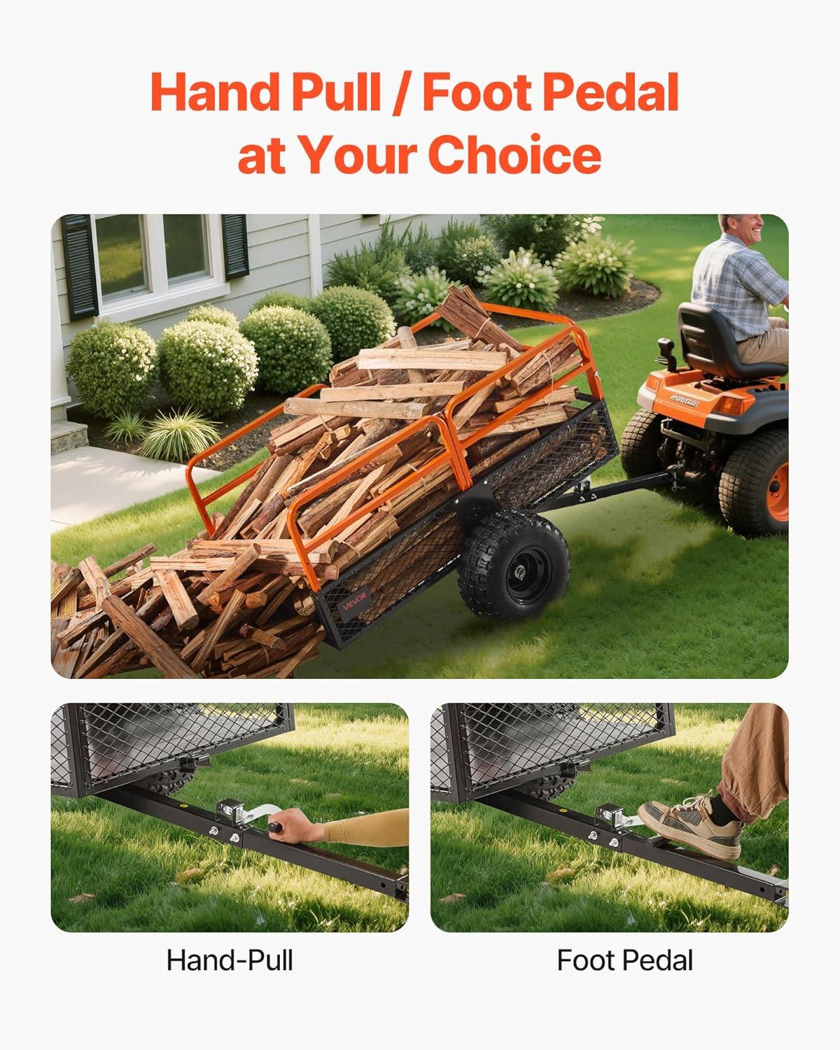 imageVEVOR Heavy Duty ATV Dump Cart  Steel Tow Behind trailer 750 lbs 15 Cubic Feet Garden Utility with Removable Sides1800Lbs28cuft