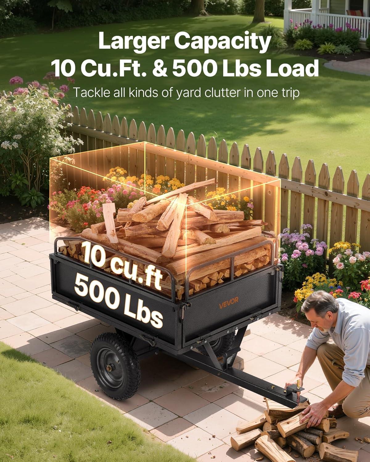 imageVEVOR Heavy Duty ATV Dump Cart  Steel Tow Behind trailer 750 lbs 15 Cubic Feet Garden Utility with Removable Sides500Lbs10cuft
