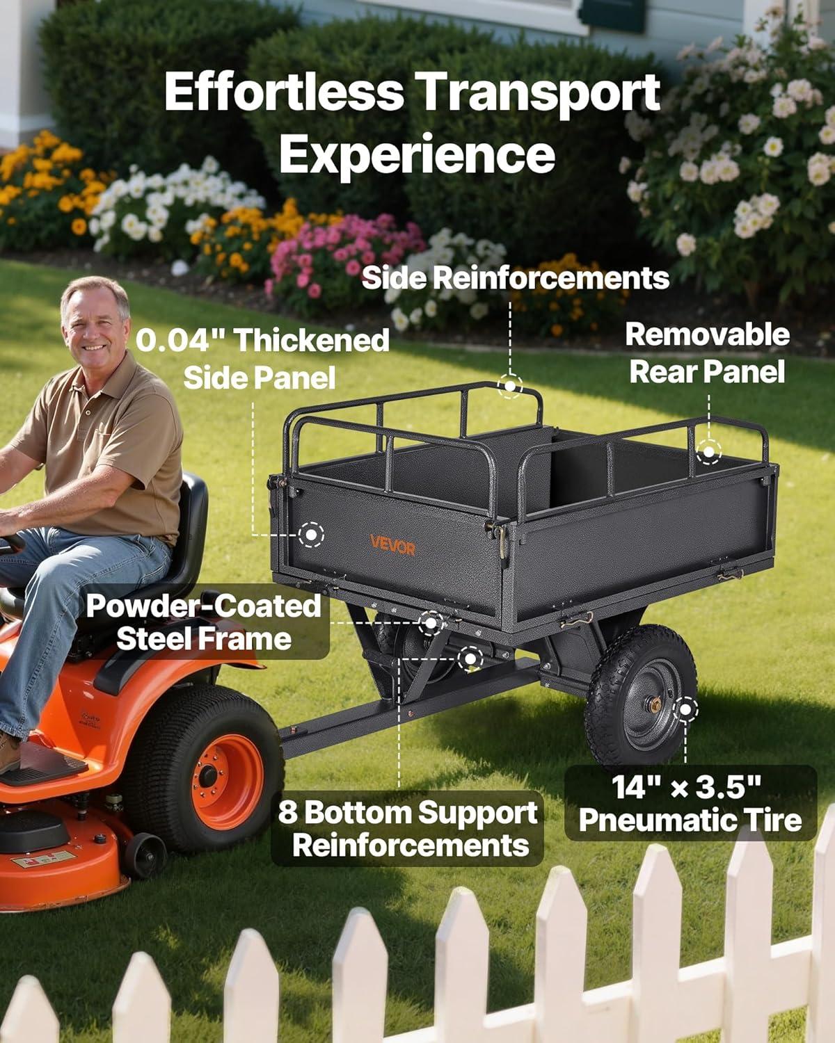 imageVEVOR Heavy Duty ATV Dump Cart  Steel Tow Behind trailer 750 lbs 15 Cubic Feet Garden Utility with Removable Sides500Lbs10cuft