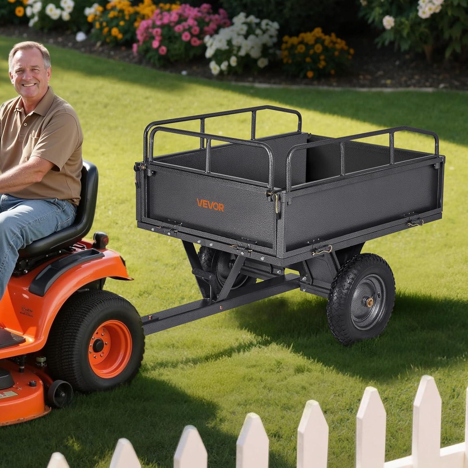 imageVEVOR Heavy Duty ATV Dump Cart  Steel Tow Behind trailer 750 lbs 15 Cubic Feet Garden Utility with Removable Sides500Lbs10cuft