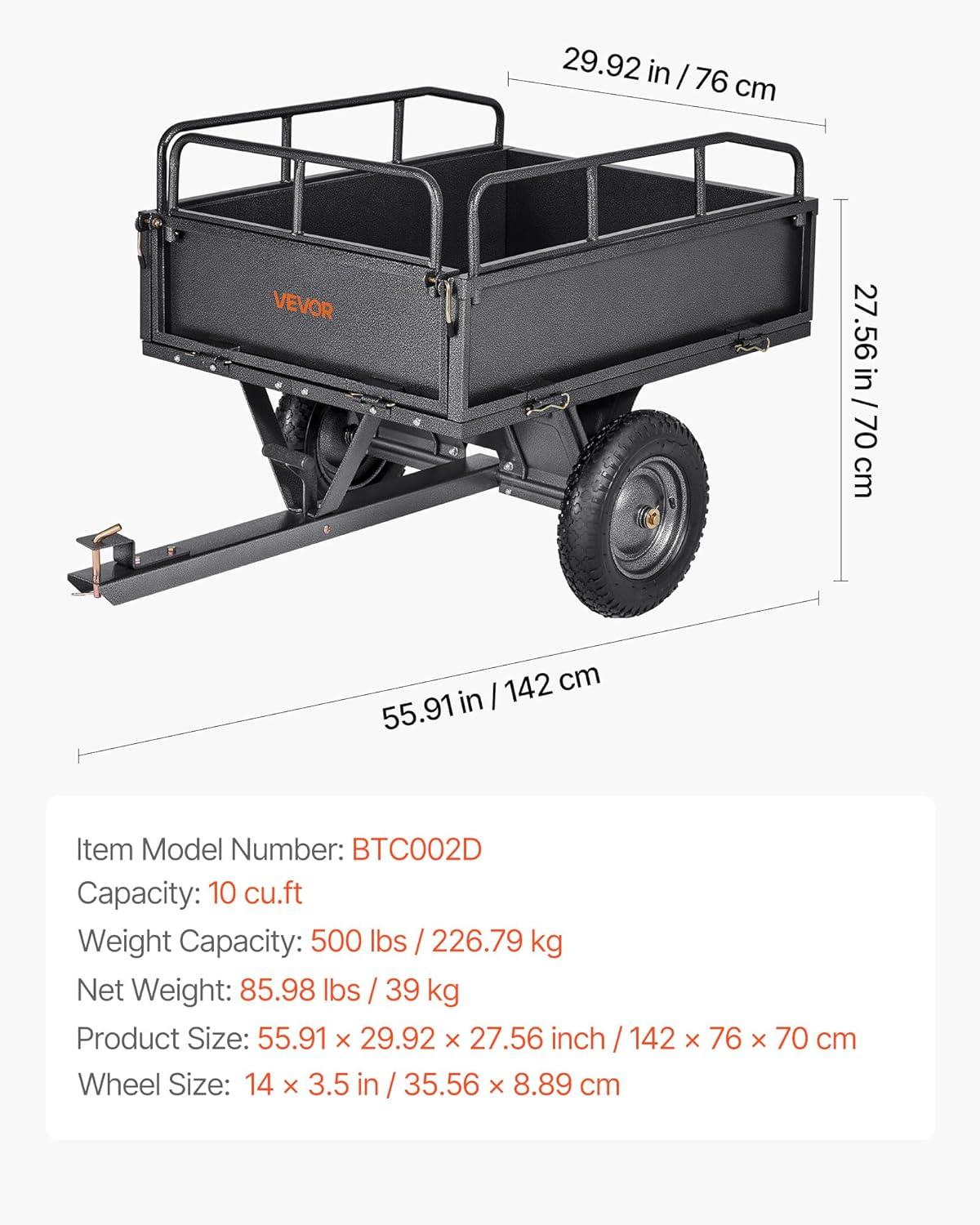 imageVEVOR Heavy Duty ATV Dump Cart  Steel Tow Behind trailer 750 lbs 15 Cubic Feet Garden Utility with Removable Sides500Lbs10cuft