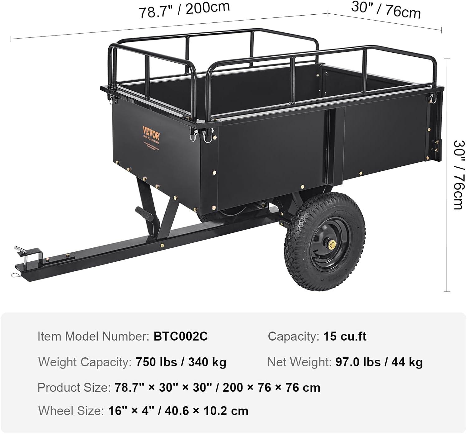 imageVEVOR Heavy Duty ATV Dump Cart  Steel Tow Behind trailer 750 lbs 15 Cubic Feet Garden Utility with Removable Sides750pound15cuft