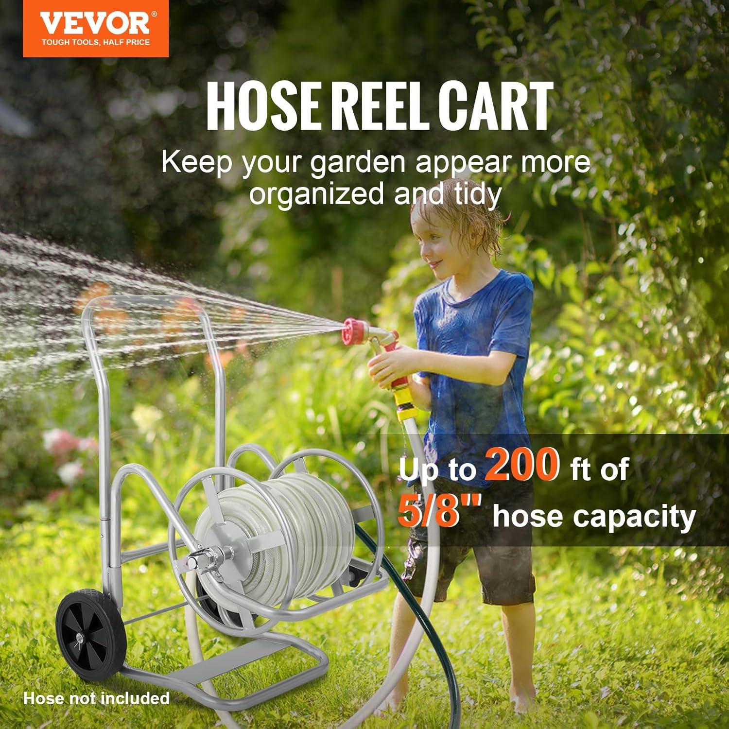 imageVEVOR Hose Reel Cart Hold Up to 300 ft of 58 Hose Garden Water Hose Carts Mobile Tools with 4 Wheels Heavy Duty PowderCoated Steel Outdoor Planting with Storage Basket for Garden Yard Lawn200 ft