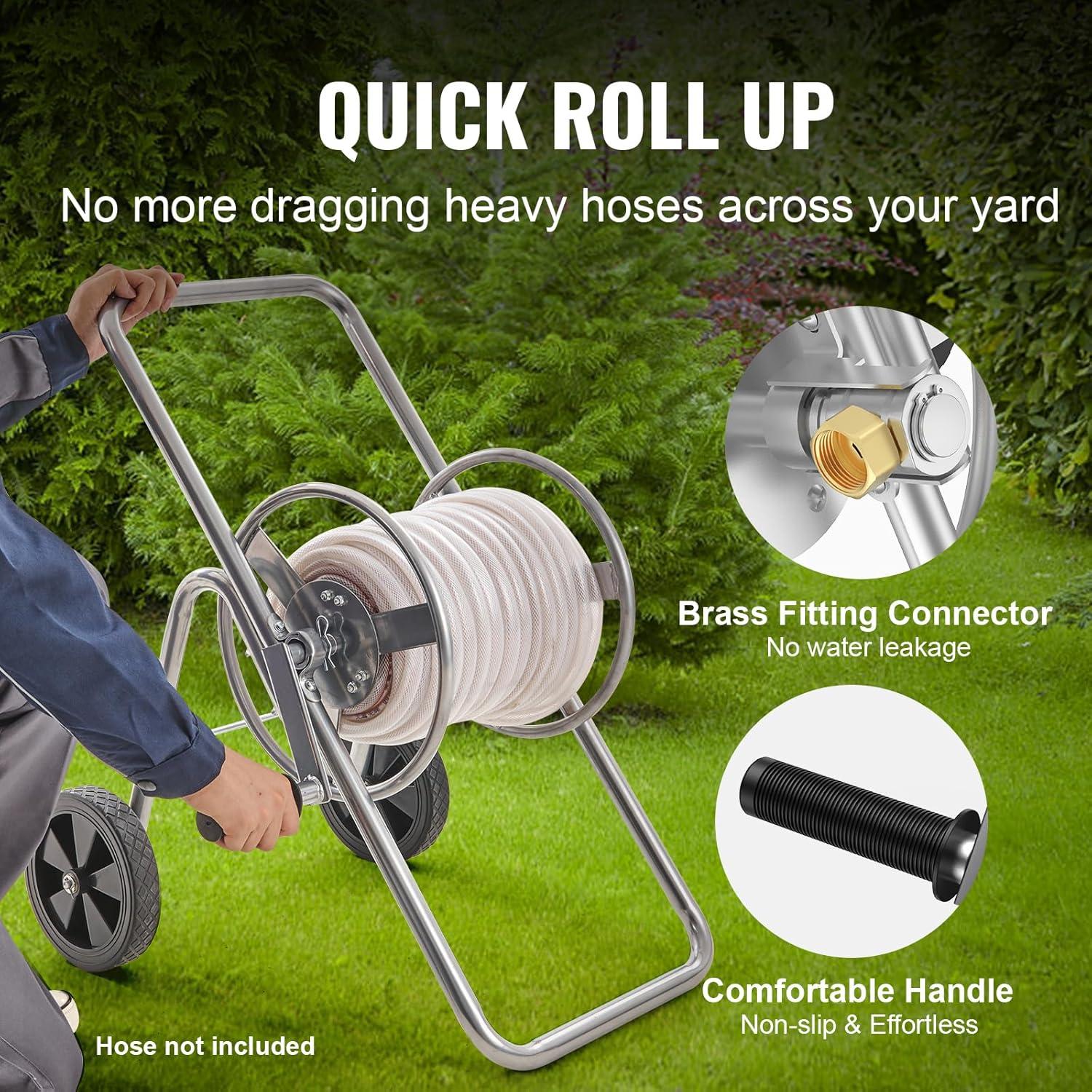 imageVEVOR Hose Reel Cart Hold Up to 300 ft of 58 Hose Garden Water Hose Carts Mobile Tools with 4 Wheels Heavy Duty PowderCoated Steel Outdoor Planting with Storage Basket for Garden Yard Lawn175 ft