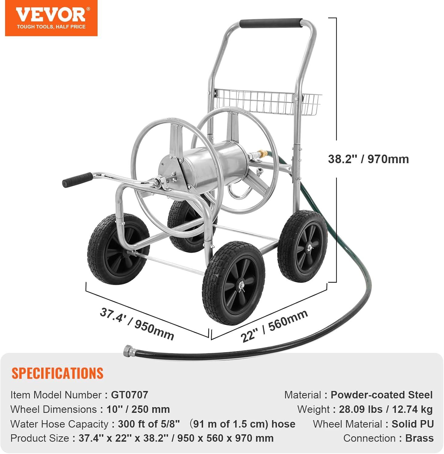 imageVEVOR Hose Reel Cart Hold Up to 300 ft of 58 Hose Garden Water Hose Carts Mobile Tools with 4 Wheels Heavy Duty PowderCoated Steel Outdoor Planting with Storage Basket for Garden Yard Lawn300 ft
