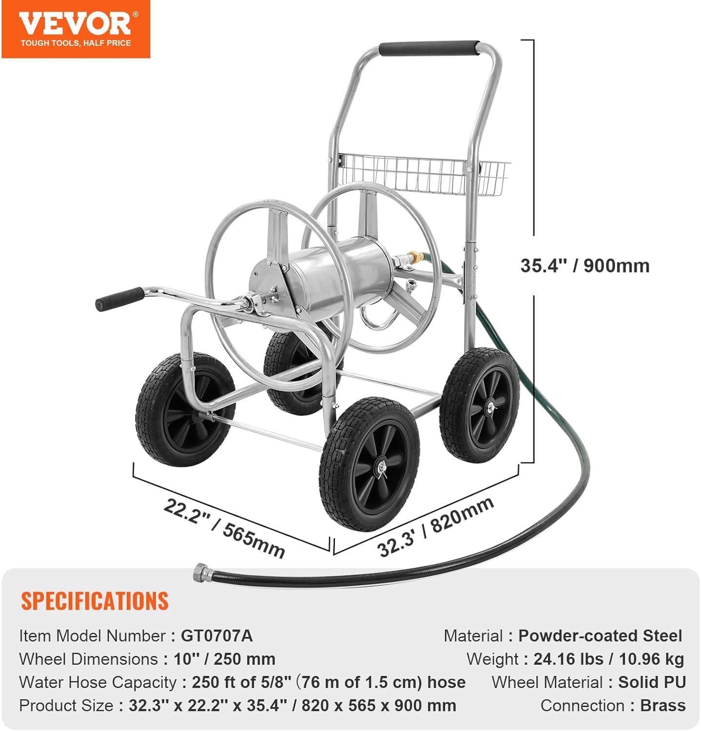 imageVEVOR Hose Reel Cart Hold Up to 300 ft of 58 Hose Garden Water Hose Carts Mobile Tools with 4 Wheels Heavy Duty PowderCoated Steel Outdoor Planting with Storage Basket for Garden Yard Lawn250 ft