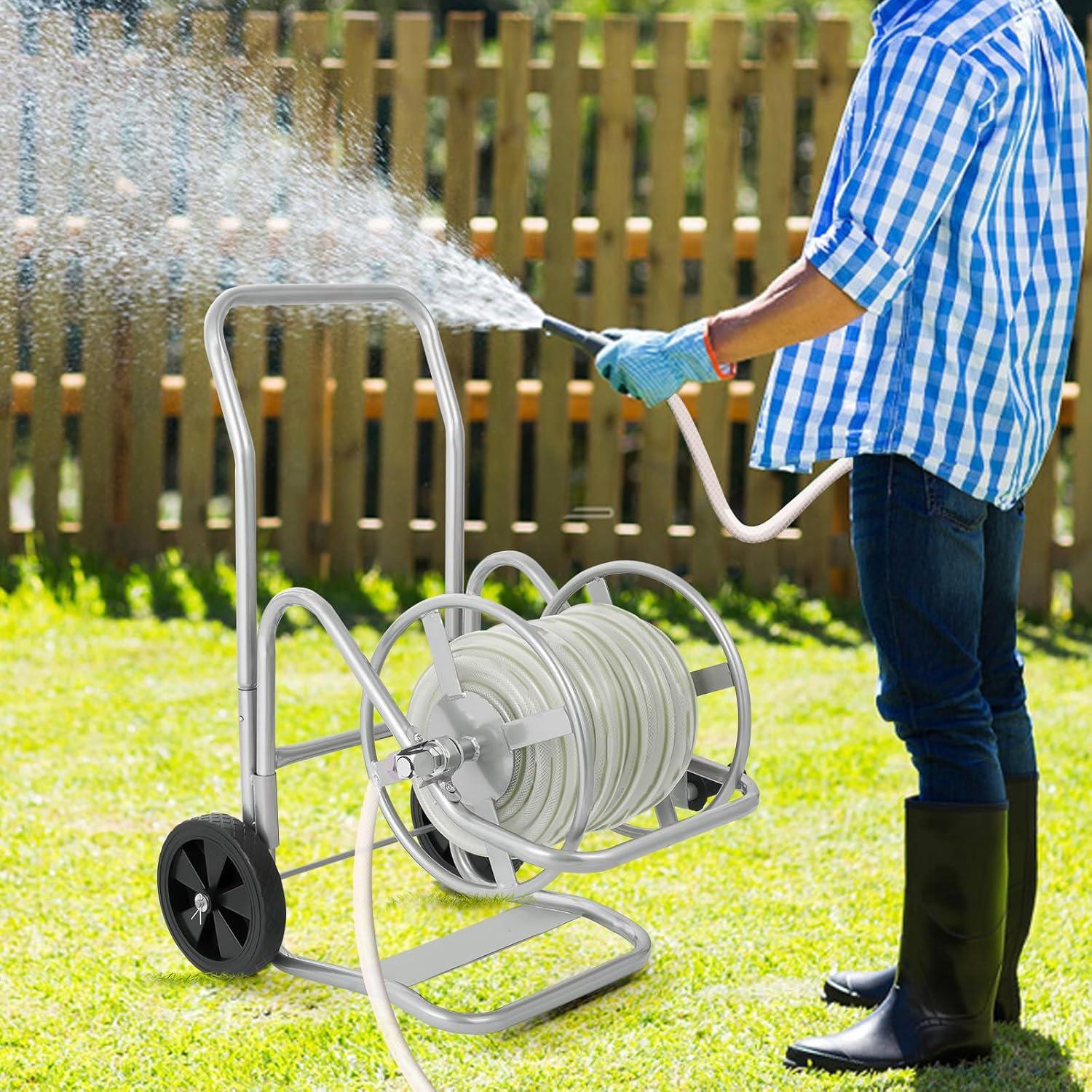 imageVEVOR Hose Reel Cart Hold Up to 300 ft of 58 Hose Garden Water Hose Carts Mobile Tools with 4 Wheels Heavy Duty PowderCoated Steel Outdoor Planting with Storage Basket for Garden Yard Lawn200 ft