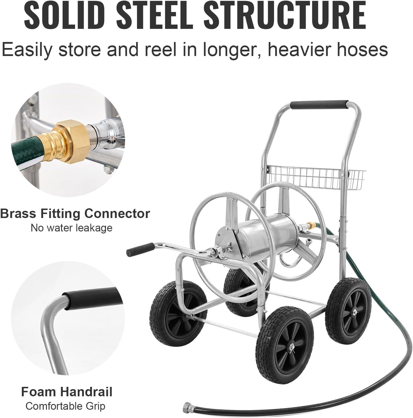 imageVEVOR Hose Reel Cart Hold Up to 300 ft of 58 Hose Garden Water Hose Carts Mobile Tools with 4 Wheels Heavy Duty PowderCoated Steel Outdoor Planting with Storage Basket for Garden Yard Lawn300 ft