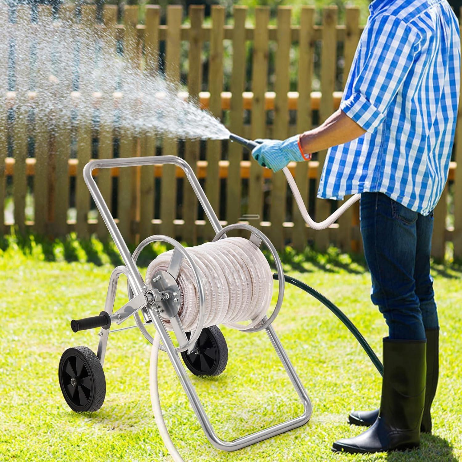 imageVEVOR Hose Reel Cart Hold Up to 300 ft of 58 Hose Garden Water Hose Carts Mobile Tools with 4 Wheels Heavy Duty PowderCoated Steel Outdoor Planting with Storage Basket for Garden Yard Lawn175 ft