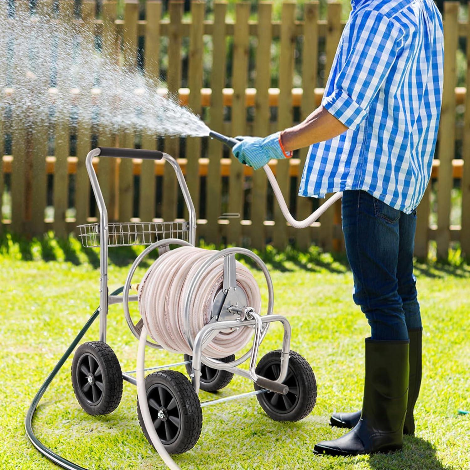 imageVEVOR Hose Reel Cart Hold Up to 300 ft of 58 Hose Garden Water Hose Carts Mobile Tools with 4 Wheels Heavy Duty PowderCoated Steel Outdoor Planting with Storage Basket for Garden Yard Lawn250 ft