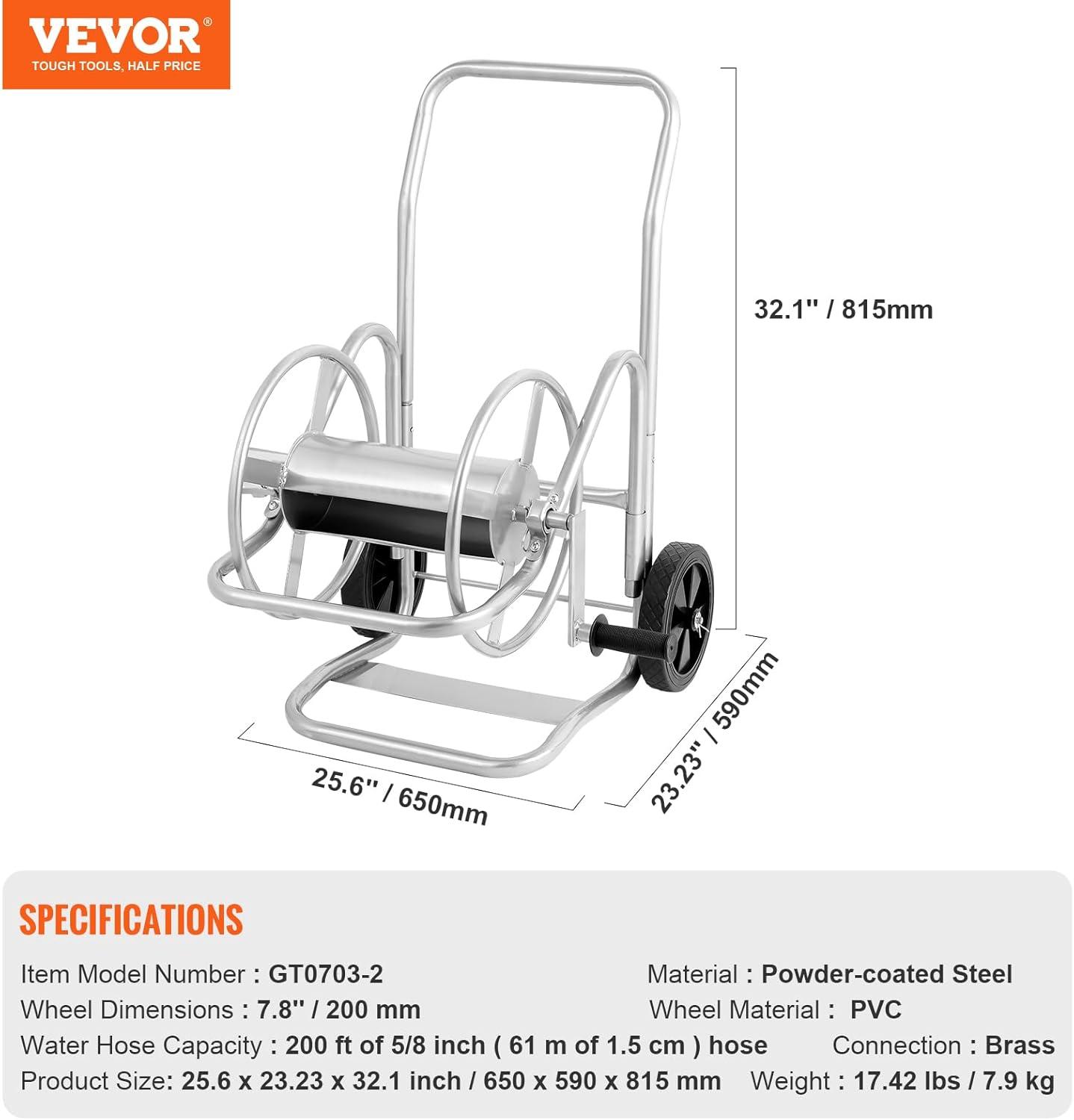 imageVEVOR Hose Reel Cart Hold Up to 300 ft of 58 Hose Garden Water Hose Carts Mobile Tools with 4 Wheels Heavy Duty PowderCoated Steel Outdoor Planting with Storage Basket for Garden Yard Lawn200 ft