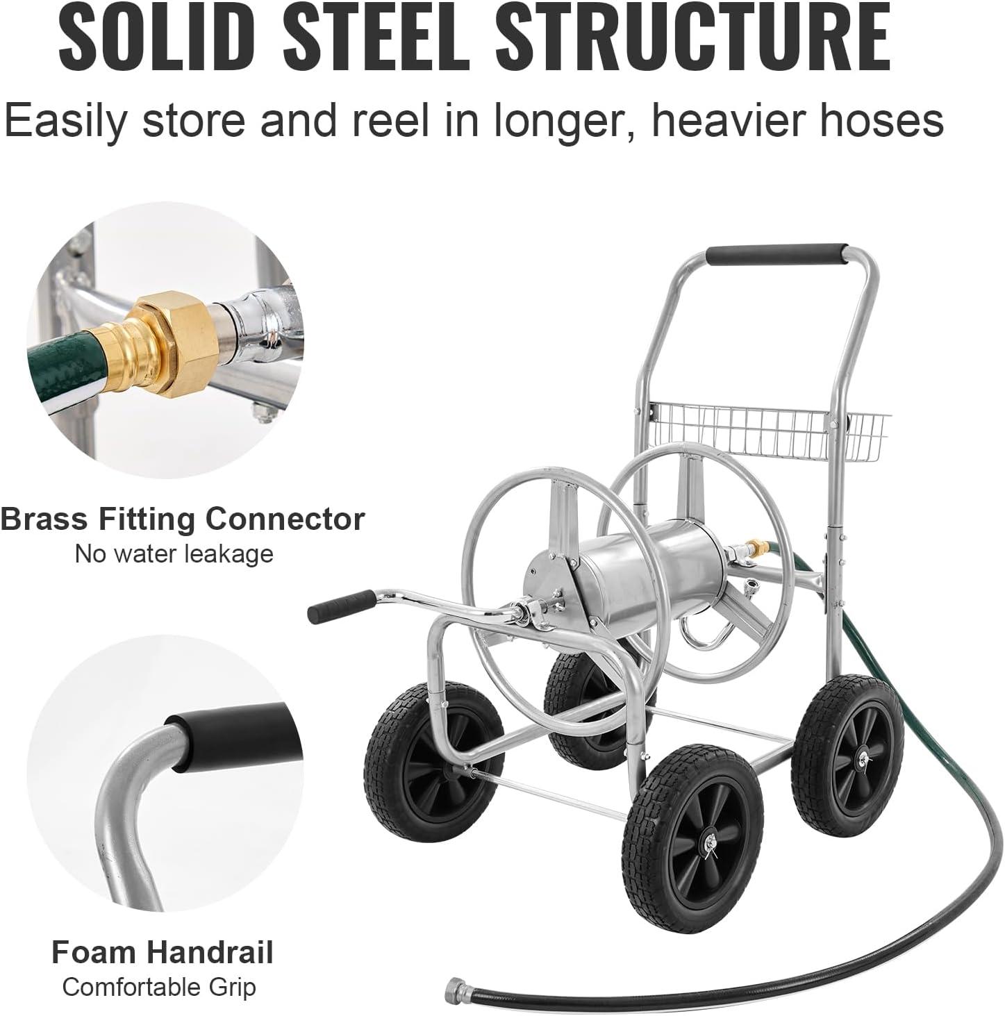 imageVEVOR Hose Reel Cart Hold Up to 300 ft of 58 Hose Garden Water Hose Carts Mobile Tools with 4 Wheels Heavy Duty PowderCoated Steel Outdoor Planting with Storage Basket for Garden Yard Lawn250 ft