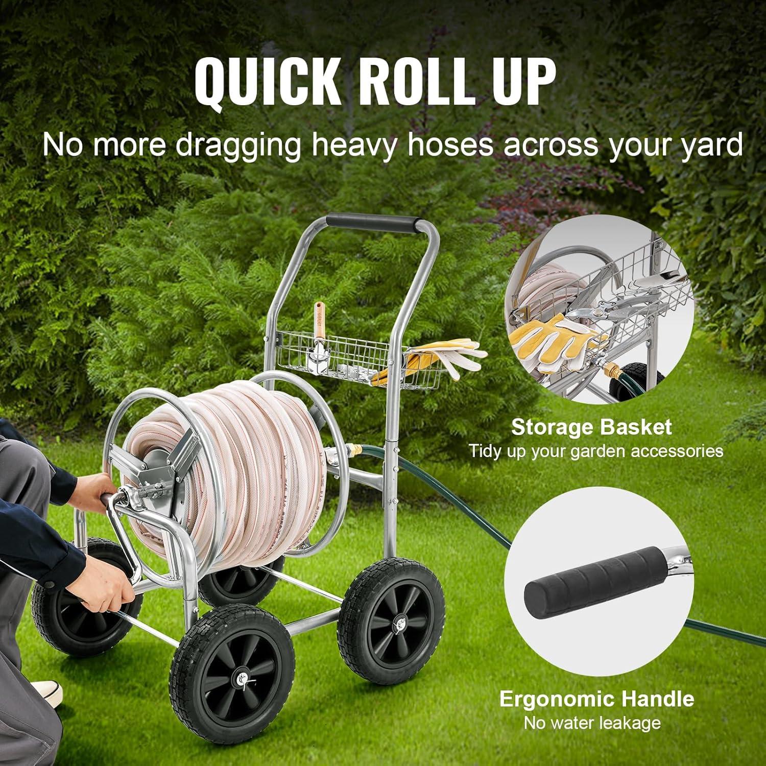 imageVEVOR Hose Reel Cart Hold Up to 300 ft of 58 Hose Garden Water Hose Carts Mobile Tools with 4 Wheels Heavy Duty PowderCoated Steel Outdoor Planting with Storage Basket for Garden Yard Lawn300 ft